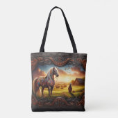 Verziertes Pferd bei Sonnenuntergang Tasche (Rückseite)