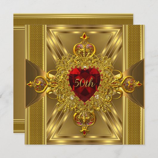 verziertes Red Jeweled Heart Gold zum 50. Jahresta Einladung (Vorne/Hinten)