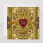 verziertes Red Jeweled Heart Gold zum 50. Jahresta Einladung (Vorderseite)