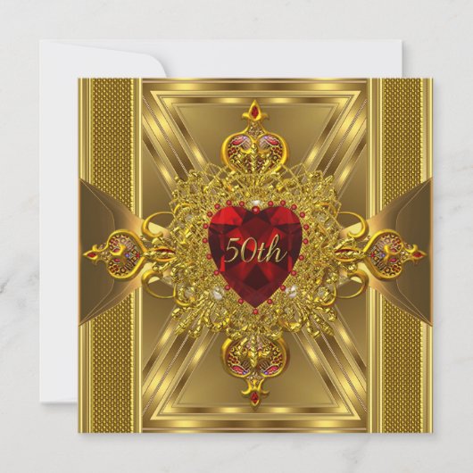 verziertes Red Jeweled Heart Gold zum 50. Jahresta Einladung (Vorderseite)
