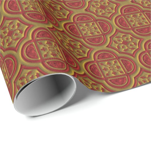 Verziertes Rot- und Gold Brocade-Wrapping-Papier Geschenkpapier (Rolleneckpunkt)