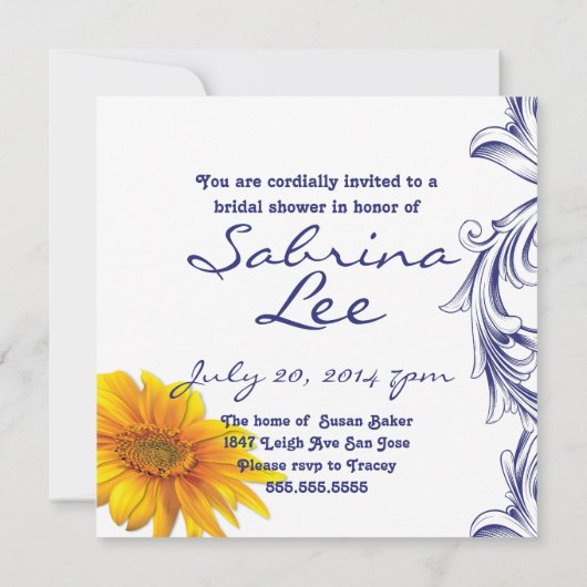 Verziertes Royal Blue Yellow Sonnenblumen Brautpar Einladung (Rückseite)