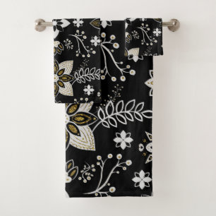 Verziertes schwarz-weißes Blumenmuster Badhandtuch Set