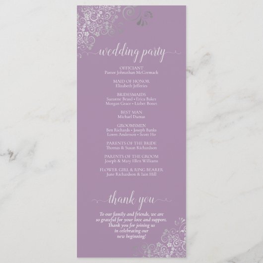 Verziertes Silber auf dem Lavendel Einfache Hochze Programm (Rückseite)