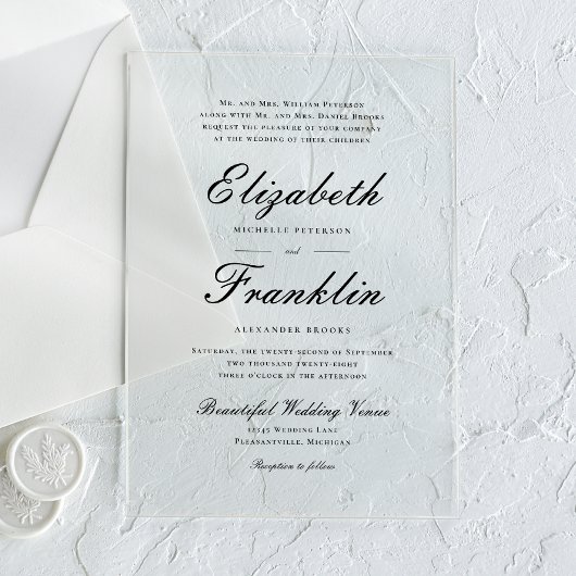 Verziertes Skript für Schwarz-Weiß-Hochzeit Acryleinladungen