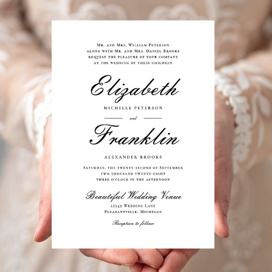 Verziertes Skript für Schwarz-Weiß-Hochzeit Einladung