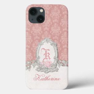 Verziertes Vintag rosa Damast Floral Monogramm iPhone 13 Hülle