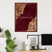 Verziertes Vintages Burgund und Gold Poster (Heimbüro)
