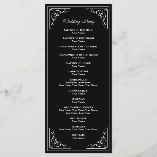 Verziertes Vintages Hochzeitsfeierungsprogramm Programm (Rückseite)