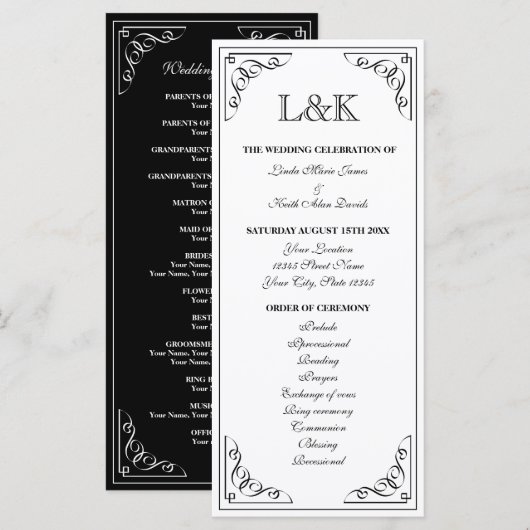 Verziertes Vintages Hochzeitsfeierungsprogramm Programm (Vorne/Hinten)