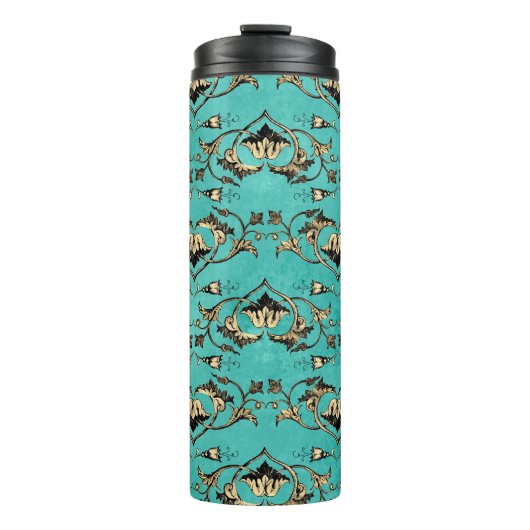 Verziertes Vintages Türkis und Goldpfau Thermosbecher (Vorderseite)