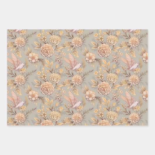 Verziertes Vogelblumenmuster Geschenkpapier Set (Vorderseite)
