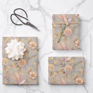 Verziertes Vogelblumenmuster Geschenkpapier Set