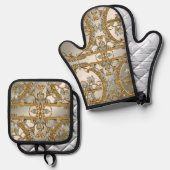 Verziertes, weißes Blumendekor Ofenhandschuh & Topflappen-Set (Vorderseite/Rückseite)