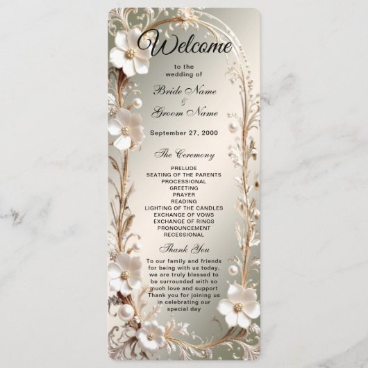 Verziertes weißes Blumenrahmen-Hochzeitsprogramm Programm (Vorderseite)