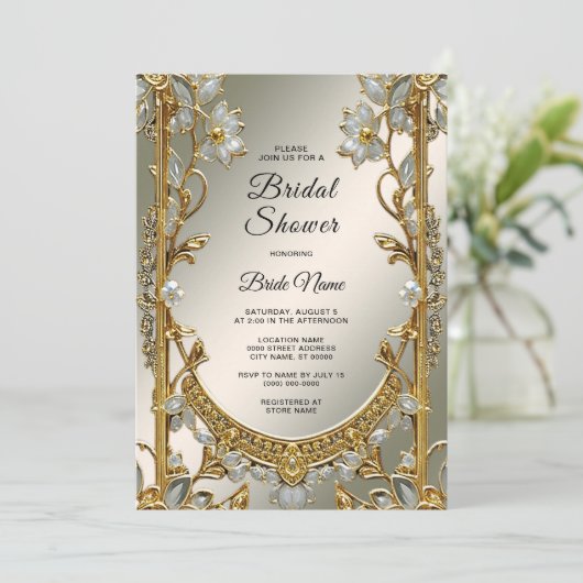 Verziertes weißes Brautparty Einladung (Stehend Vorderseite)