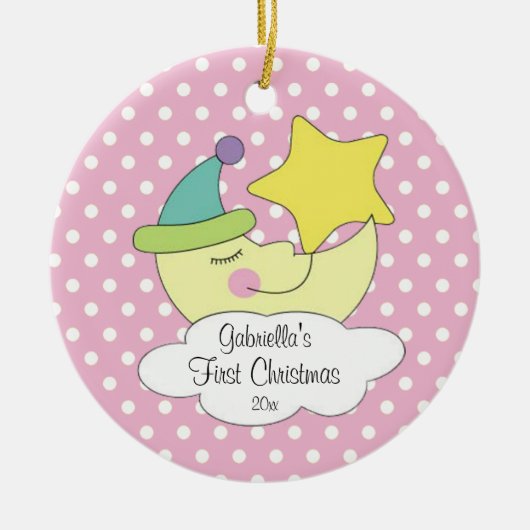 Verzierungs-Rosa-Mond des Babys erster Weihnachts Keramik Ornament (Vorne)
