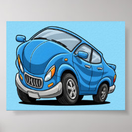 Verzogenes blaues Cartoon-Auto Poster