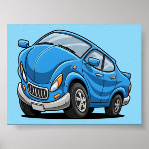 Verzogenes blaues Cartoon-Auto Poster