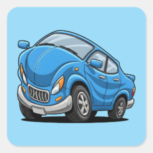 Verzogenes blaues Cartoon-Auto Quadratischer Aufkleber