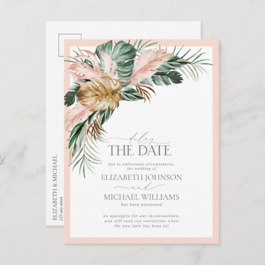 Verzögern Sie das Datum der rosa tropischen Boho H Ankündigungspostkarte (Vorne/Hinten)