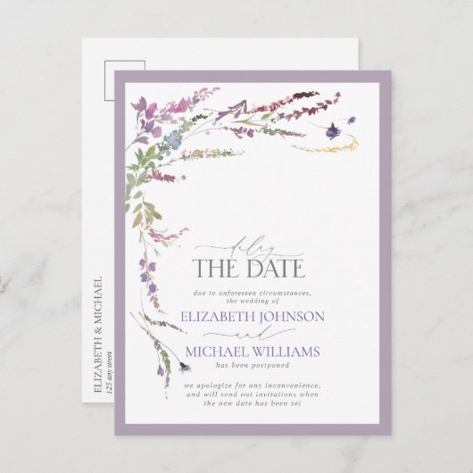 Verzögern Sie das Datum Lilac Lavender Floral Hoch Ankündigungspostkarte (Vorne/Hinten)