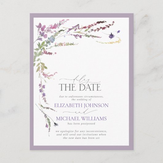 Verzögern Sie das Datum Lilac Lavender Floral Hoch Ankündigungspostkarte (Vorderseite)