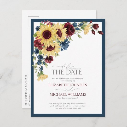 Verzögern Sie das Datum Sonnenblumen Blue Burgundy Ankündigungspostkarte (Vorne/Hinten)