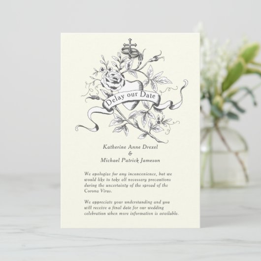 Verzögern Sie unser Datum Hochzeit Cross Corona Vi Einladung (Stehend Vorderseite)