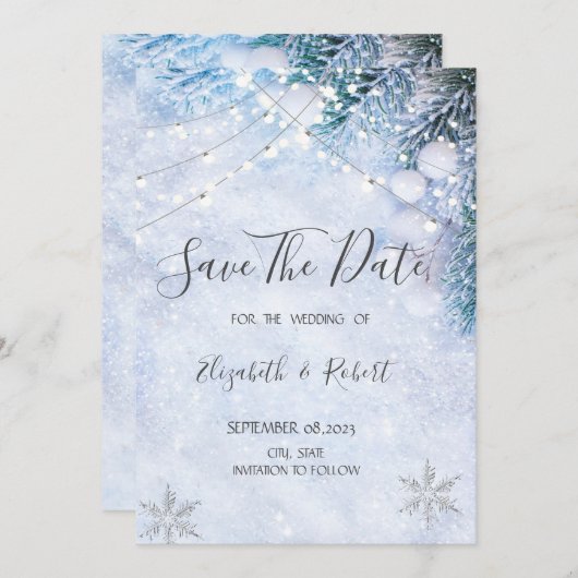 Verzweigungen mit Kiefern, Snow-String-LeuchtenDat Save The Date (Vorne/Hinten)