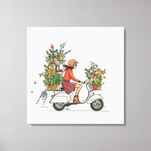 Vespa Scooter meisje met bloemen Leinwanddruck (Vorderseite)