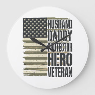 Veteran Ehemann Daddy Beschützer Held Flagge Shirt Große Wanduhr