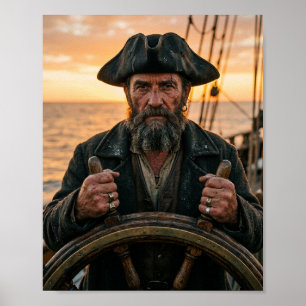 Veteran Piratenkapitän am Schiffsrad Sonnenunterga Poster
