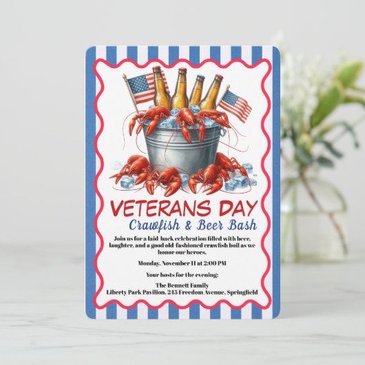 Veterans Day Invitation | Crawfish & Beer Party Einladung (Stehend Vorderseite)