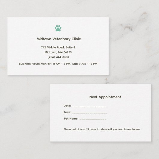 Veterinary Clinic Appointment Reminder Card Terminkarte (Vorne/Hinten)