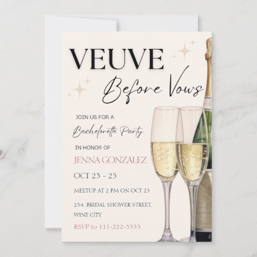 Veuve Before Vows Junggeselinnen-Abschied Weekend Einladung (Vorderseite)