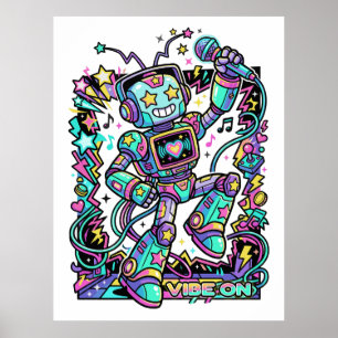 VIBE ON Neon Robot DJ – Bunter Musik-Maskottchen S Poster