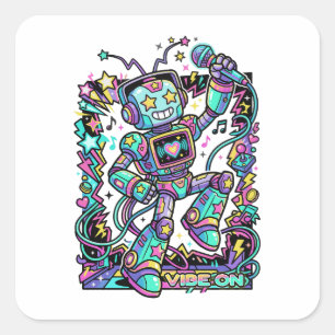 VIBE ON Neon Robot DJ – Bunter Musik-Maskottchen S Quadratischer Aufkleber