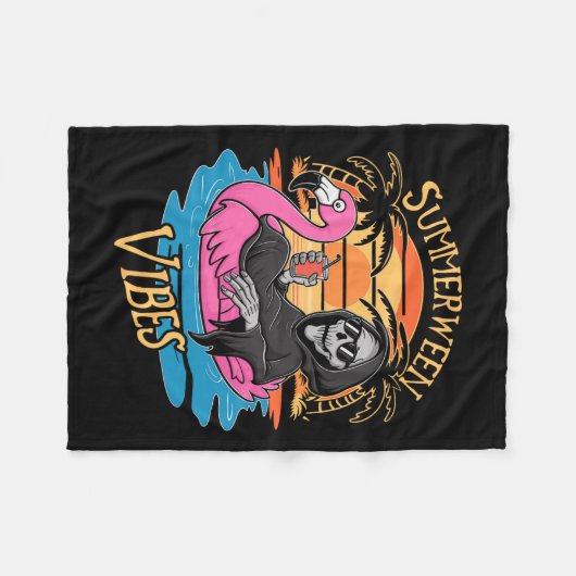 Vibes Skeleton Flamingo Spooky Halloween Summer Fleecedecke (Vorderseite (Horizontal))