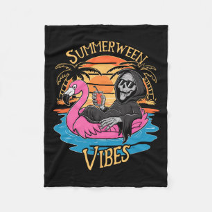 Vibes Skeleton Flamingo Spooky Halloween Summer Fleecedecke