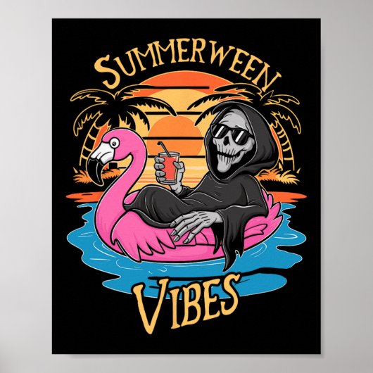 Vibes Skeleton Flamingo Spooky Halloween Summer Poster (Vorne)