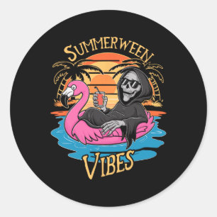 Vibes Skeleton Flamingo Spooky Halloween Summer Runder Aufkleber