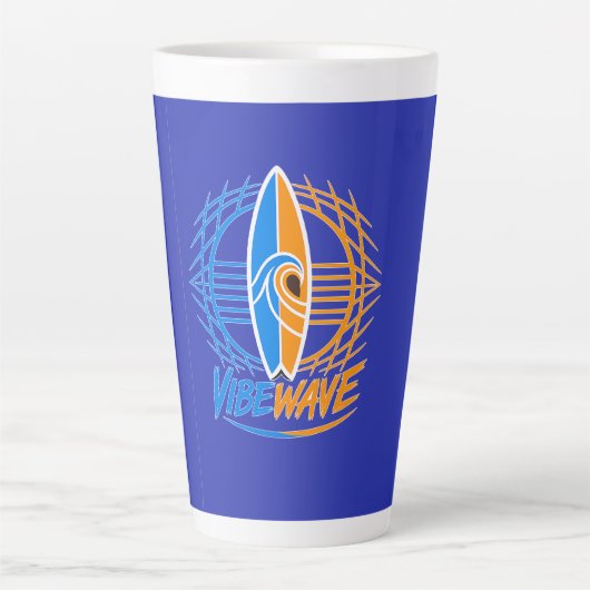 Vibewave Neon Surfbrett Design – Retro Wave Glow A Milchtasse (Vorderseite)