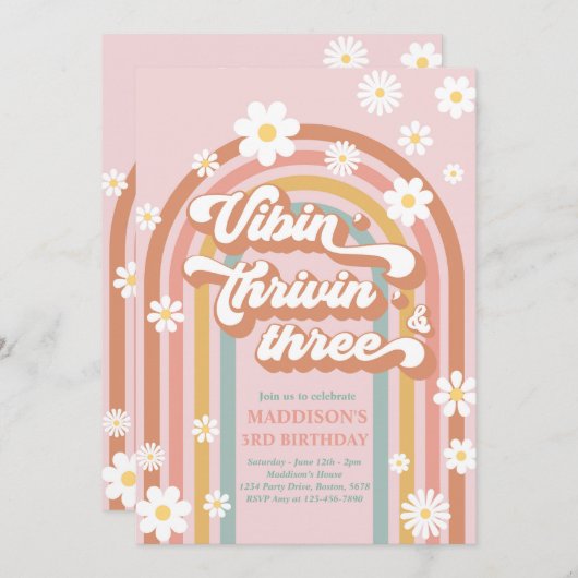 Vibin' Thrivin' Three Boho Daisy Rainbow Einladung (Vorne/Hinten)