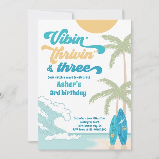 Vibin' Thrivin' & Three Retro Surf Strand Geburtst Einladung (Vorderseite)