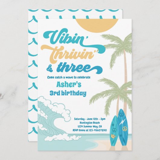 Vibin' Thrivin' & Three Retro Surf Strand Geburtst Einladung (Vorne/Hinten)