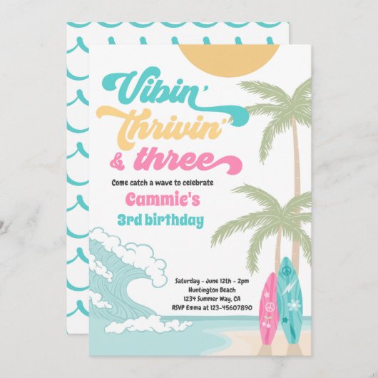 Vibin' Thrivin' & Three Retro Surf Strand Geburtst Einladung (Vorne/Hinten)