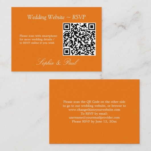 Vibranding Orange QR Code Website RSVP Card Begleitkarte (Vorne/Hinten)