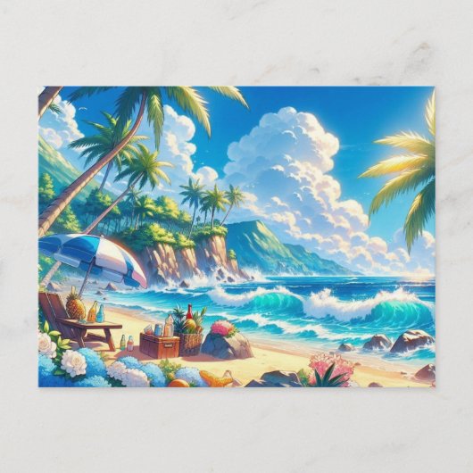 Vibranend Tropical Island Beach Watercolor Postkarte (Vorderseite)