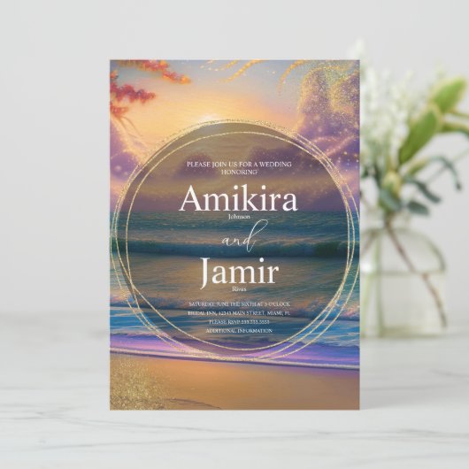 Vibranly Beach Background Glitzer Wedding Einladung (Stehend Vorderseite)